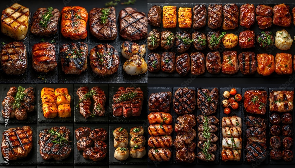 Fototapeta premium A variety of grilled meats and seafood on black slate plates.