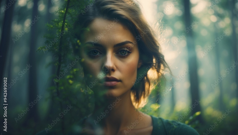 Double exposure of woman face and forest in the background Conceptual image. Double exposure of woman face and forest in the background Conceptual image.