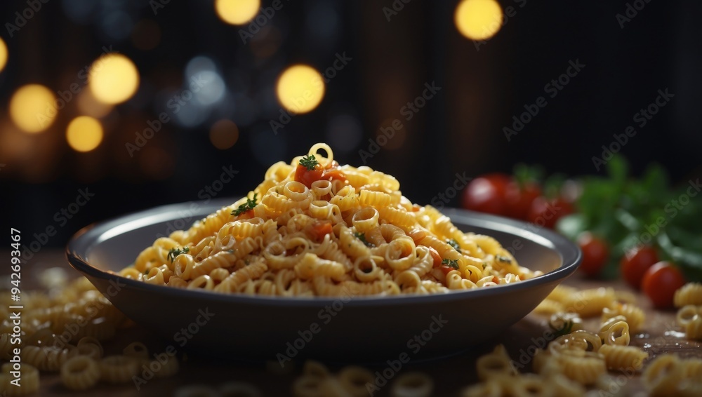 Menacing Dish of Pasta with Nooselike Rings under Focused Hightech Spotlight. Menacing Dish of Pasta with Nooselike Rings under Focused Hightech Spotlight.