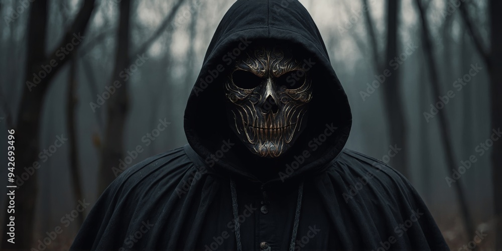 masked man wearing a black cloak evil spooky monster looking man. masked man wearing a black cloak evil spooky monster looking man.