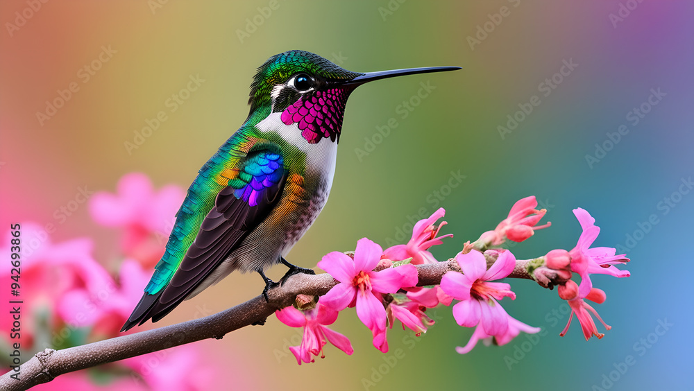 Fototapeta premium Colorful hummingbird on branch adorned with pink flowers on blurred colors background. Generative AI
