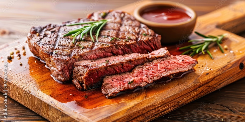 Sliced Medium Rare Beef Steak Served on a Wooden Board Sliced Medium Rare Beef Steak Served on a Wooden Board