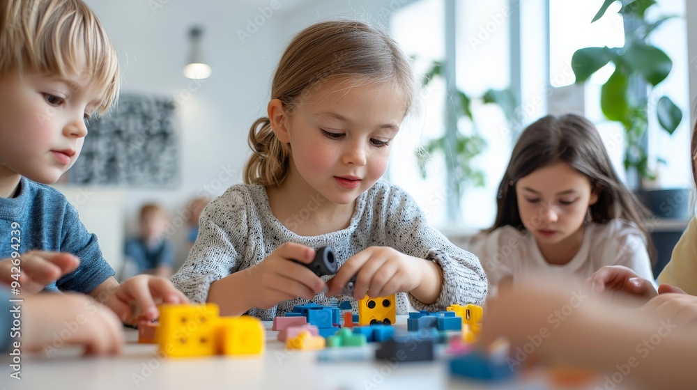 A child imitating a UI/UX designer, conducting a toy usability test with other children A child imitating a UI/UX designer, conducting a toy usability test with other children