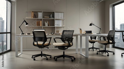 A pair of modern, ergonomic office chairs in neutral shades, positioned side by side on a plain white background, perfect for showcasing office furniture and workplace essentials.