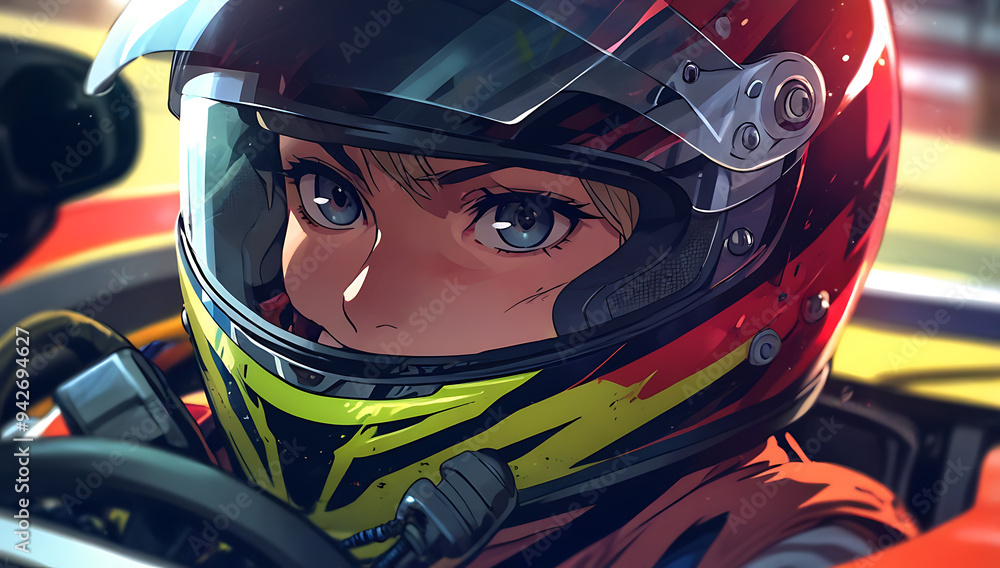 Extreme Closeup of A Racer in a helmet driving a car on the track. fully covered face, visible shining eyes, Racer concepts Extreme Closeup of A Racer in a helmet driving a car on the track. fully covered face, visible shining eyes, Racer concepts