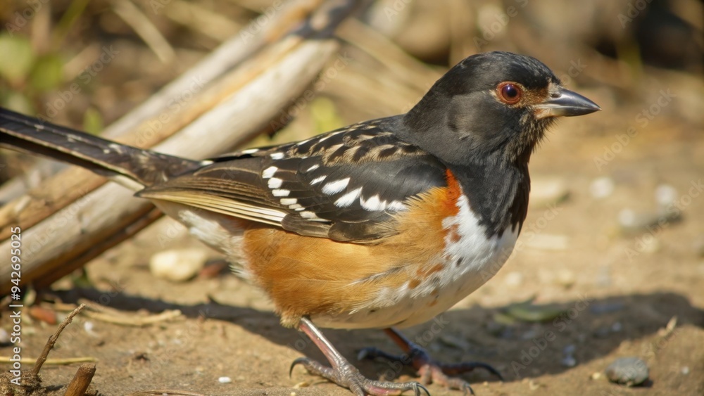 Fototapeta premium A Spotted Towhee Bird Perched on the Ground