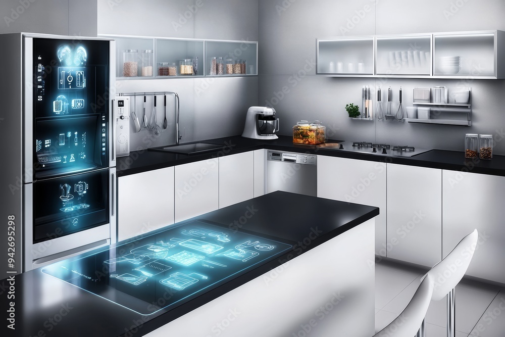 Innovative smart kitchen with touchscreen refrigerator and automated appliances for modern living Innovative smart kitchen with touchscreen refrigerator and automated appliances for modern living