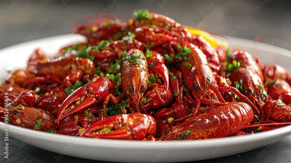 Red crawfish, herbs, closeup. Generative AI Red crawfish, herbs, closeup. Generative AI