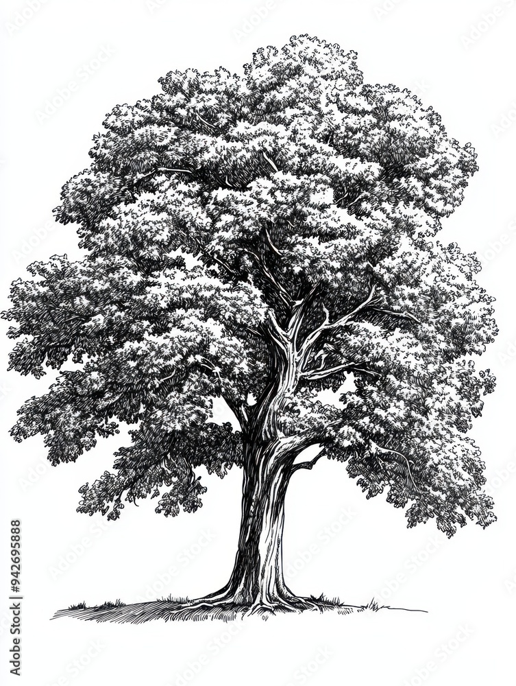 Fototapeta premium Black and white Vintage engraved art of a plane tree, isolated on white background, ink sketch illustration, simple vector art design, highly detailed line art, high contrasty 