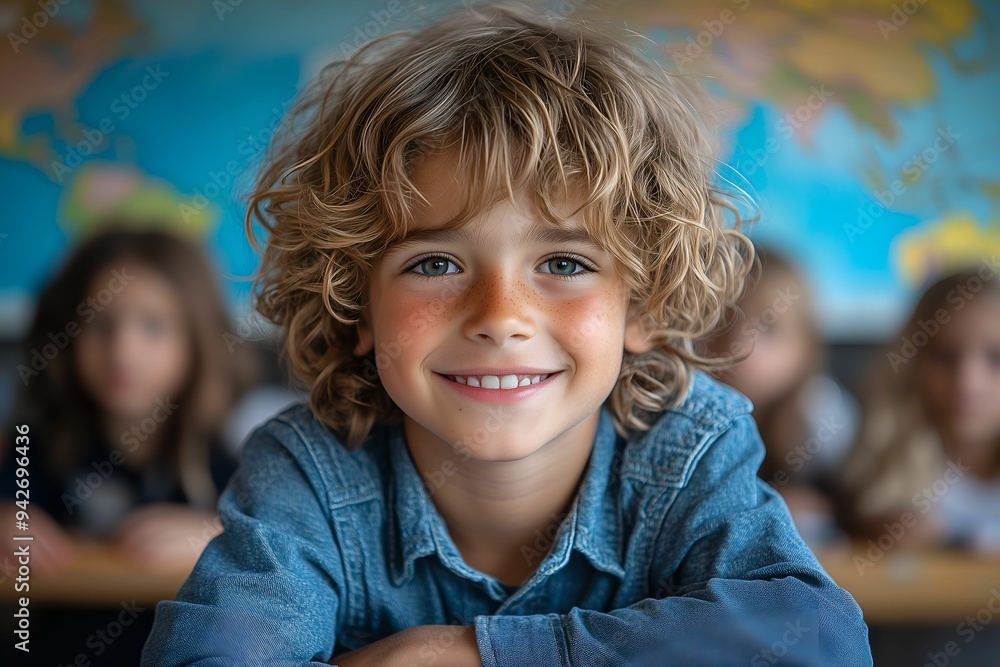 Portrait of a Happy Schoolboy Sitting at Desk in Classroom at School, Brightly Smiling Face, High Quality Back to School Concept Image Portrait of a Happy Schoolboy Sitting at Desk in Classroom at School, Brightly Smiling Face, High Quality Back to School Concept Image