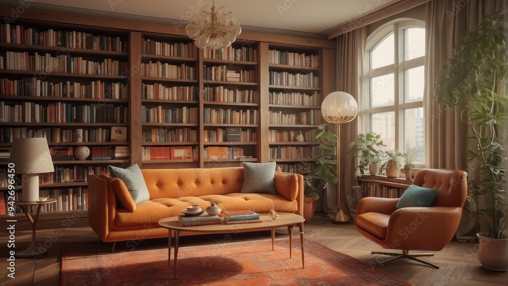 A Cozy Living Room with a Large Bookshelf and a Comfortable Sofa A Cozy Living Room with a Large Bookshelf and a Comfortable Sofa