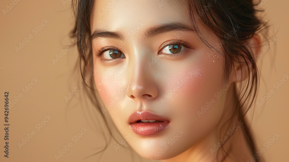 Beautiful young Asian woman with clean fresh skin on beige Beautiful young Asian woman with clean fresh skin on beige