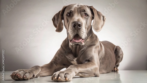 A Grey Great Dane Dog Laying Down and Looking at the Camera photo