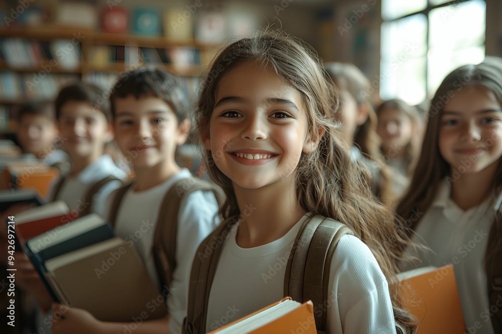 Portrait of Smiling Schoolchildren Holding Books in a Classroom of High School, Embracing Learning and Friendship, Back to School Concept Portrait of Smiling Schoolchildren Holding Books in a Classroom of High School, Embracing Learning and Friendship, Back to School Concept