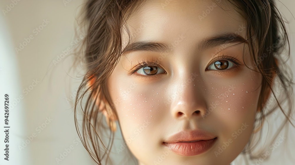 Beautiful young Asian woman with clean fresh skin on beige Beautiful young Asian woman with clean fresh skin on beige