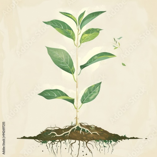 illustration of a tea tree, showcasing its roots and soil, highlighting the botanical structure and natural environment of this essential plant photo