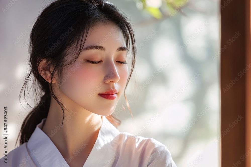 Dressed in a white kimono, a Japanese woman poses confidently, bathed in natural sunlight from a nearby window Dressed in a white kimono, a Japanese woman poses confidently, bathed in natural sunlight from a nearby window
