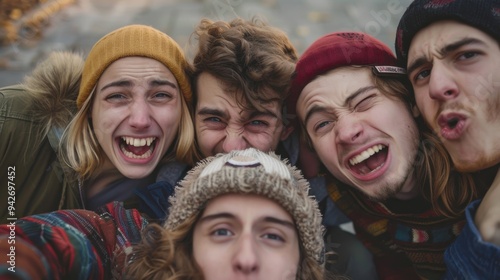 A group of friends making funny grimaces together, capturing their playful and humorous side in a lively, cheerful moment.