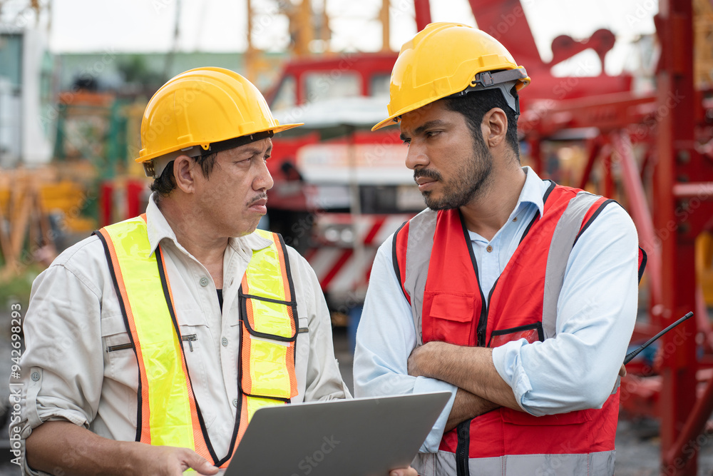 Conflict Asia engineer man worker use tablet computer and India engineer man use walkie talkie working with crane spare part background Conflict Asia engineer man worker use tablet computer and India engineer man use walkie talkie working with crane spare part background