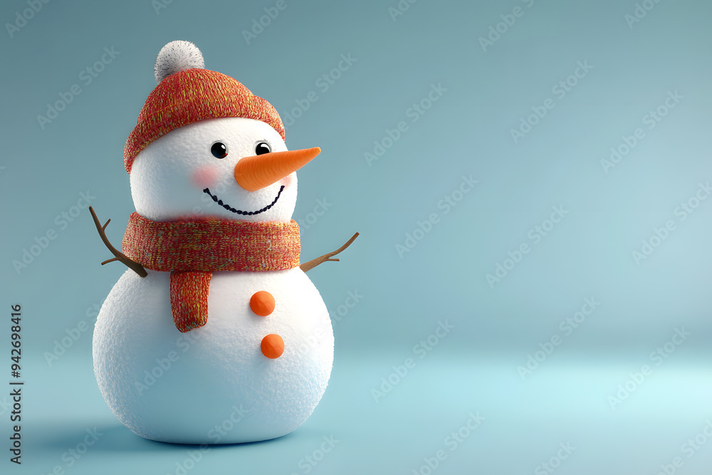 3d cartoon Happy snowman wearing a scarf and hat isolated on blue background 3d cartoon Happy snowman wearing a scarf and hat isolated on blue background