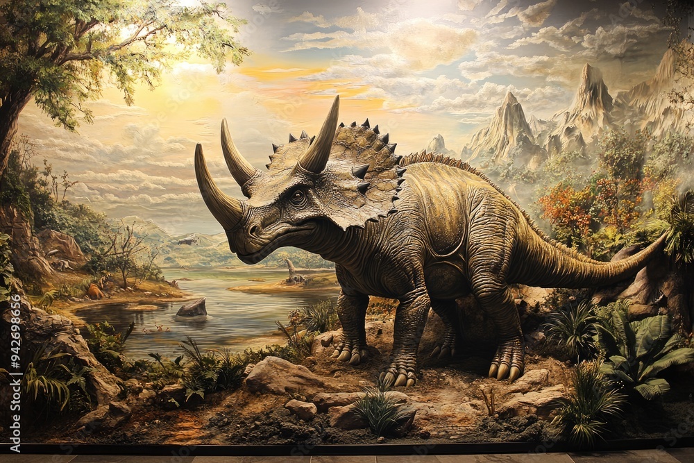 Fototapeta premium A Triceratops Dinosaur in a Lush Prehistoric Landscape