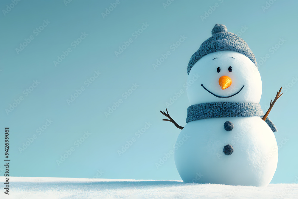 Obraz premium 3d cartoon Happy snowman wearing a scarf and hat isolated on blue background