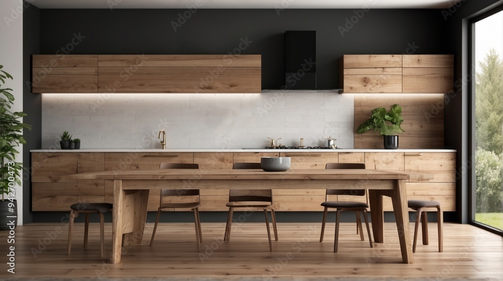 Modern Kitchen Dining Area with Wood Cabinets and Table Modern Kitchen Dining Area with Wood Cabinets and Table