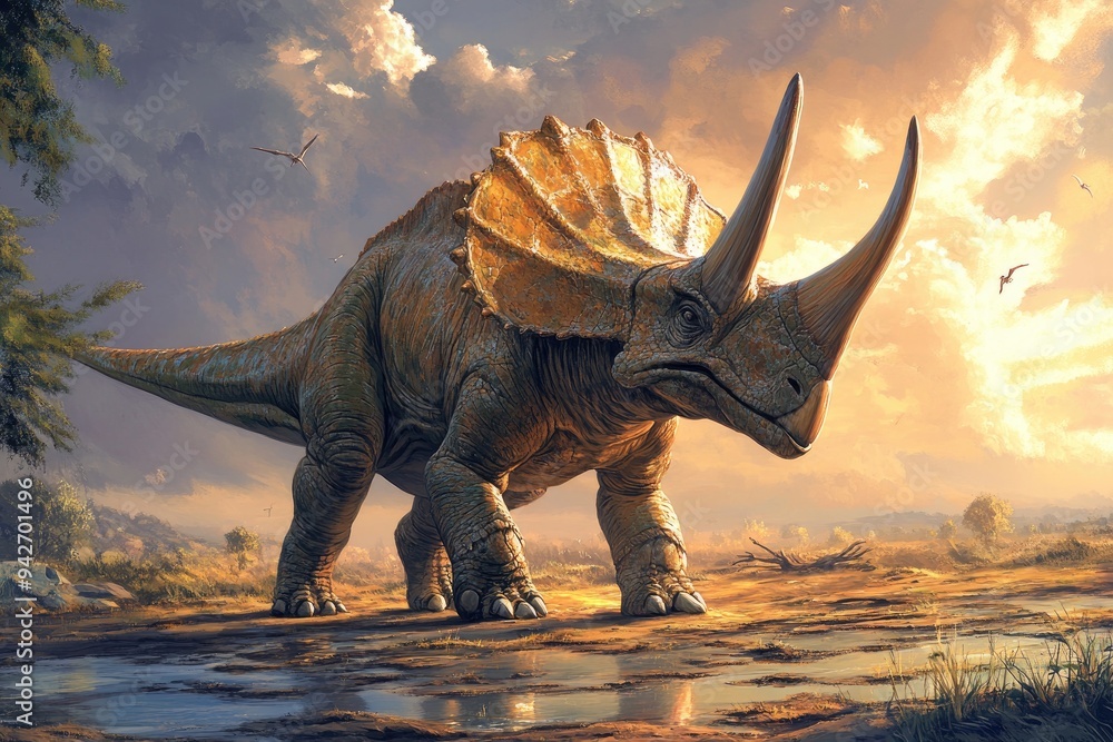 Fototapeta premium A Triceratops Dinosaur in a Golden Sunset Landscape
