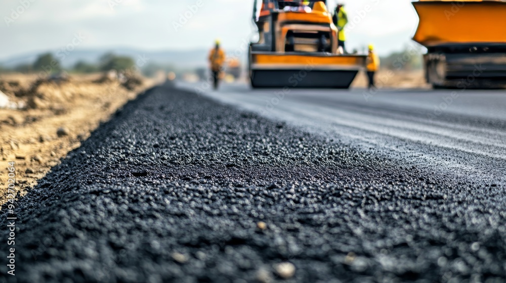 Road workers update and smooth fresh asphalt for road repairs in ongoing maintenance efforts Road workers update and smooth fresh asphalt for road repairs in ongoing maintenance efforts