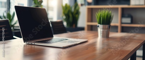 Wallpaper Mural Laptop on wooden table in modern office Torontodigital.ca