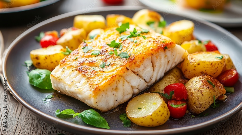 Fried cod fillet with potatoes and vegetables on table Fried cod fillet with potatoes and vegetables on table