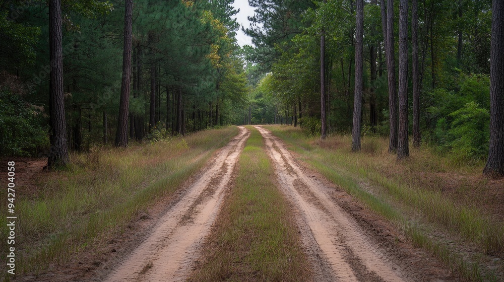 Naklejka premium Tire tracks, footprints, pine forest. Generative AI