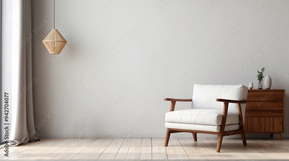 White Armchair in a Minimalist Living Room with a Wooden Sideboard White Armchair in a Minimalist Living Room with a Wooden Sideboard