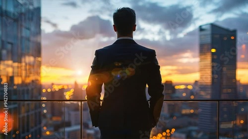 A man in a suit stands on a balcony overlooking a city at sunset. Concept of solitude and contemplation, as the man looks out over the city with a thoughtful expression. The warm colors of the sunset