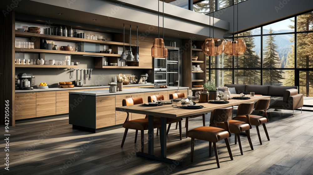 A contemporary kitchen and dining area featuring warm wooden cabinetry and shelving, complemented by a large dining table with leather chairs. A contemporary kitchen and dining area featuring warm wooden cabinetry and shelving, complemented by a large dining table with leather chairs.