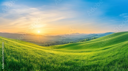 Stunning summer landscape vibrant hilly meadows at sunrise or sunset beneath a blue sky