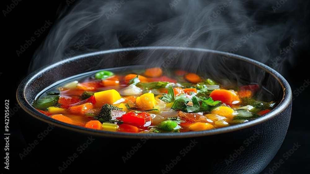 Vegetarian soup vegetables black background. Generative AI