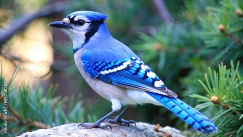 A Blue Jay Perched on a Rock with Green Foliage in the Background photo