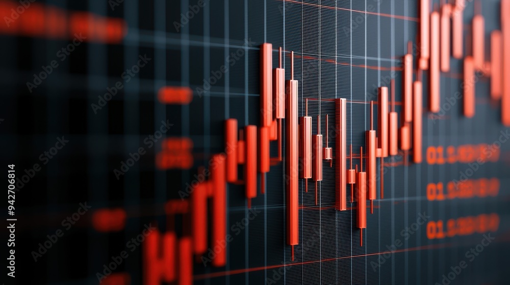 A close-up view of a financial chart displaying upward trends, highlighting stock prices with red bars against a dark background. A close-up view of a financial chart displaying upward trends, highlighting stock prices with red bars against a dark background.