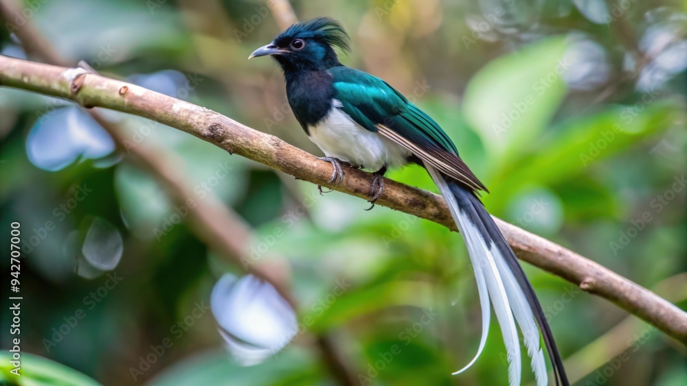Fototapeta premium A Paradise Flycatcher Perched on a Branch with Lush Greenery in the Background