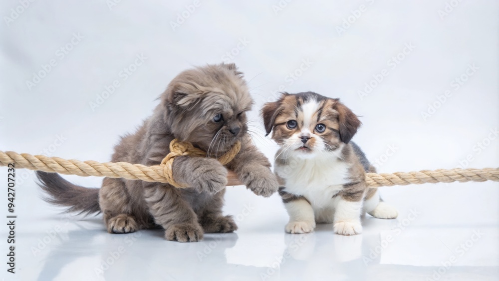 Obraz premium Kitten and puppy playing tug of war with a rope