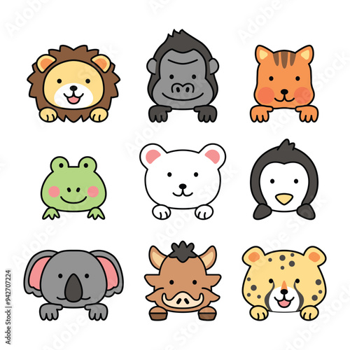 Icon sheet collection symbol set zoo wild animals icon cute characters illustration outline kiddy happy cheerful kawaii japanese style decorative elements