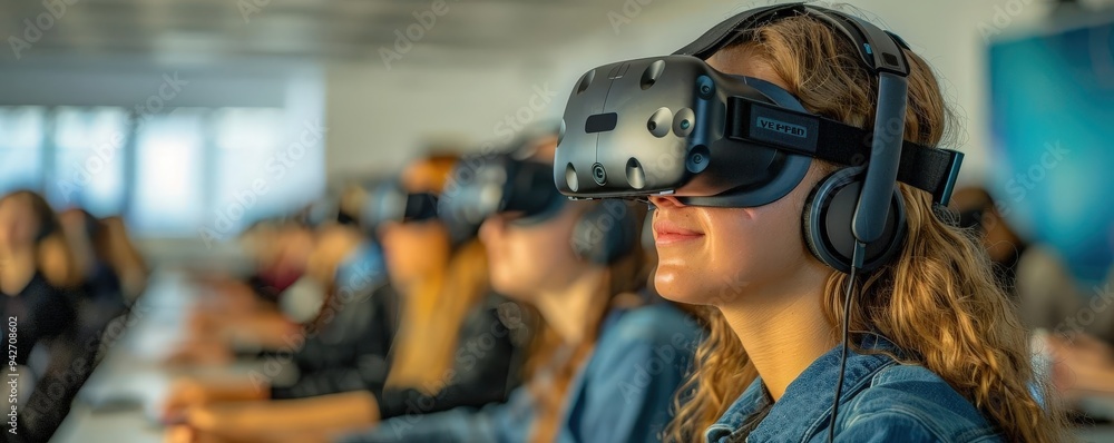 Virtual reality classroom, representing the future of education Virtual reality classroom, representing the future of education