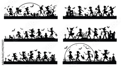 Set of trick or treat silhouettes , Spooky halloween border illustration,Cute Cartoon Style Illustration for Kids' Holiday Halloween vector for decoration or sticker