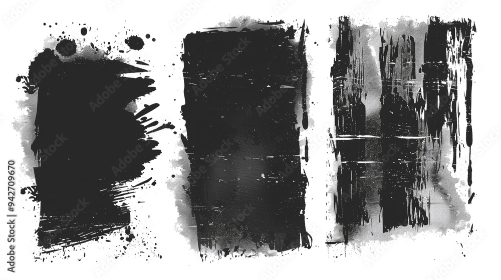 Set of paint brush stroke, ink splash and grungy decoration elements. Distressed white grainy texture with dust overlay textured. Set of paint brush stroke, ink splash and grungy decoration elements. Distressed white grainy texture with dust overlay textured.