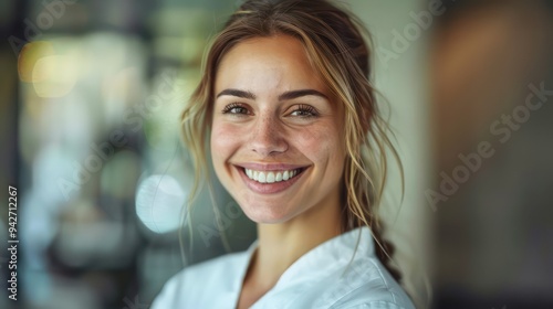 A smiling 40-year-old woman, exuding natural happiness, gazes directly at the camera, showcasing a genuine, welcoming demeanor in a professional setting