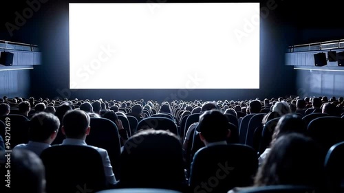 A large, empty movie screen in a dark theater, with an audience waiting for the show to begin.