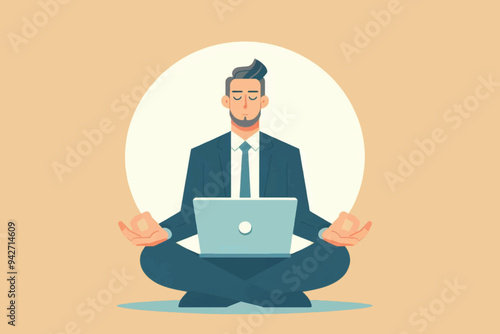 illustration of businessman meditating while working using laptop