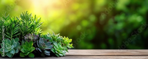 A vibrant arrangement of succulents on a wooden surface, illuminated by soft natural light, perfect for nature-themed projects.