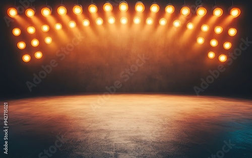 Empty stage with bright spotlights, ready for performance or presentation. Dramatic lighting creates ambiance for theater, concert, or event. photo